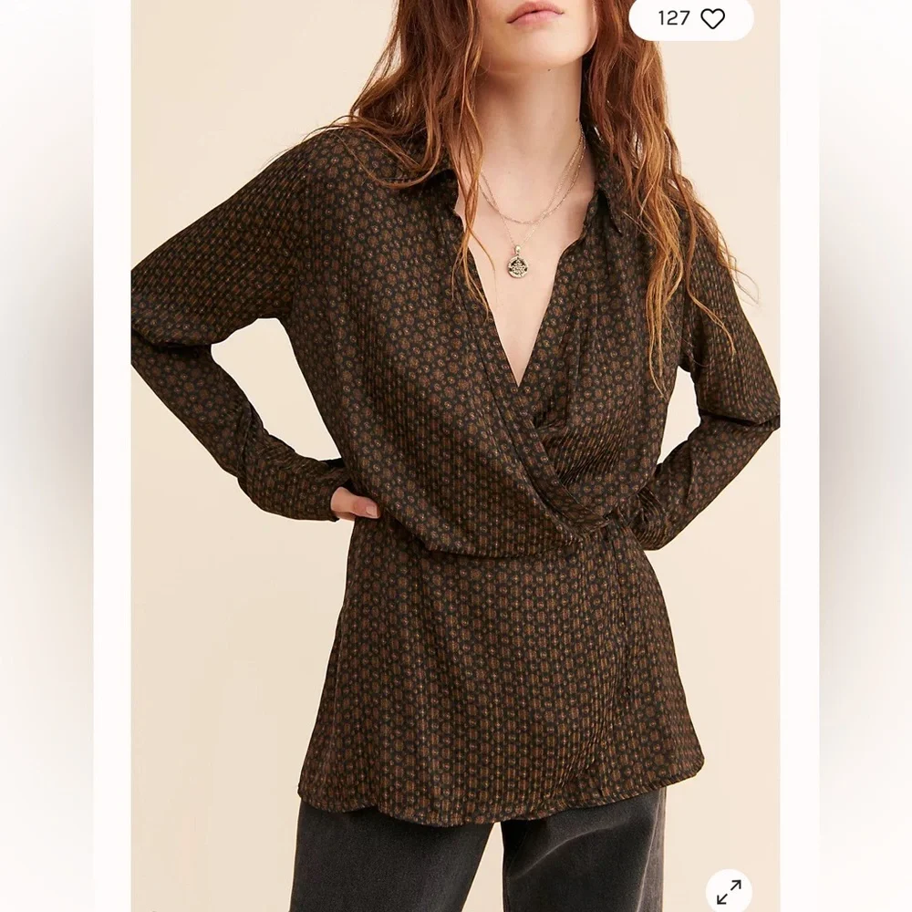 Free People Arlo Wrap Top Brown Black Print S